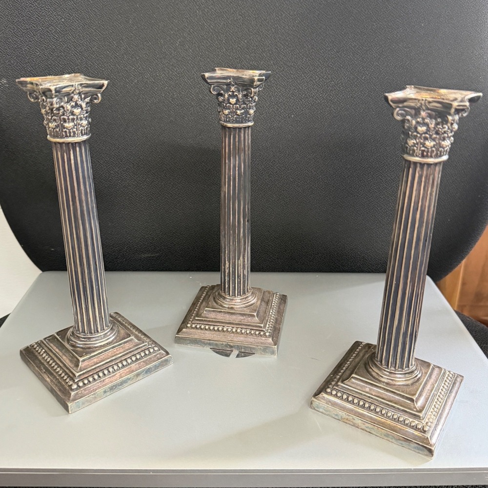 Gorham Silver Plate Corinthian Column Candlesticks Set of 3 Vintage 0138 Patina